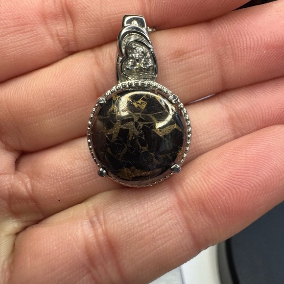 Matrix Silver Shungite and White Zircon Pendant Necklace 20 Inches - Picture 1 of 2